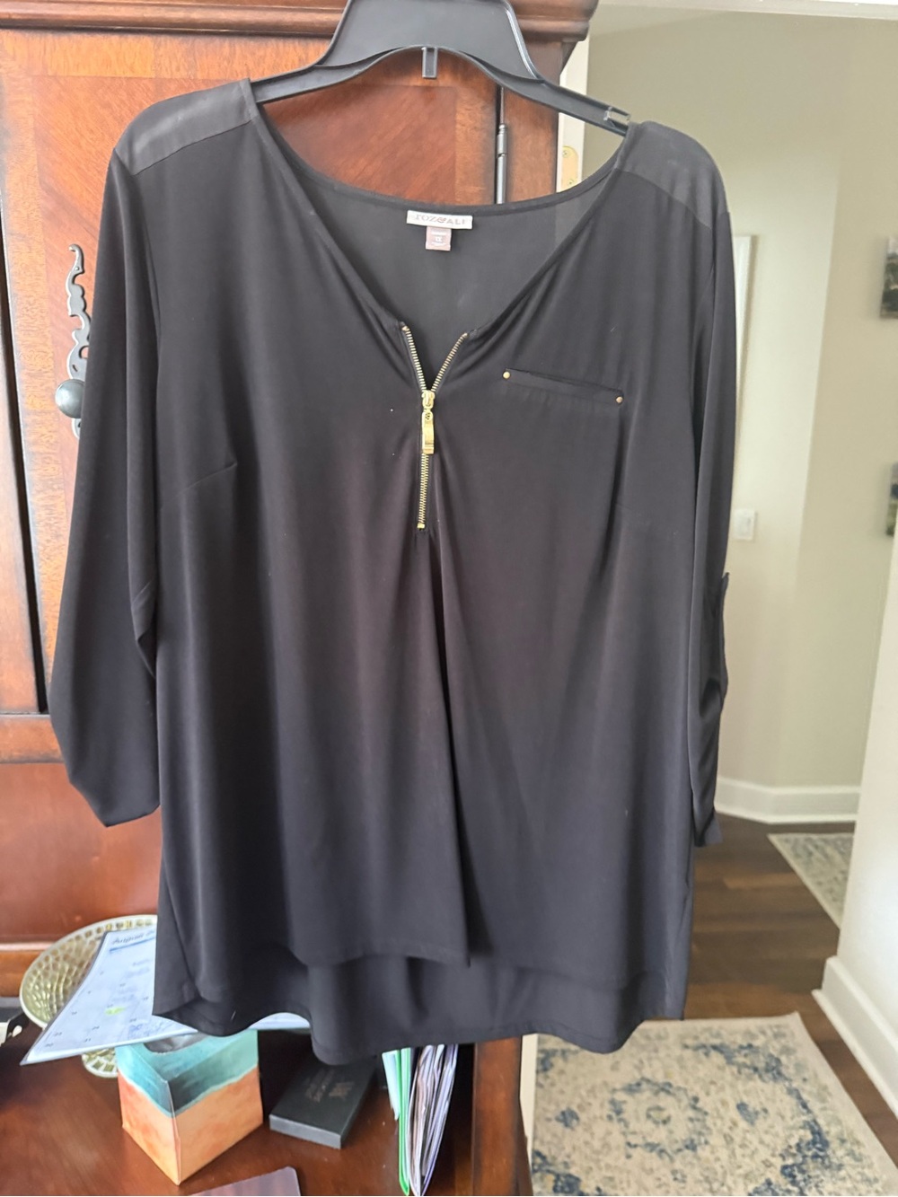Roz & Ali Black Zip-Front Blouse with Gold Accents